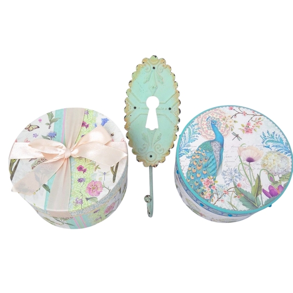 Mint Green Key Coat Hook & Blue Peach Peacock Decorative Round Boxes (Set of 3) - Picture 1 of 10